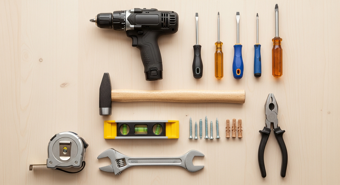 Kit de herramientas básicas de bricolaje organizado en un flat-lay: taladro, destornilladores, martillo, nivel, cinta métrica.