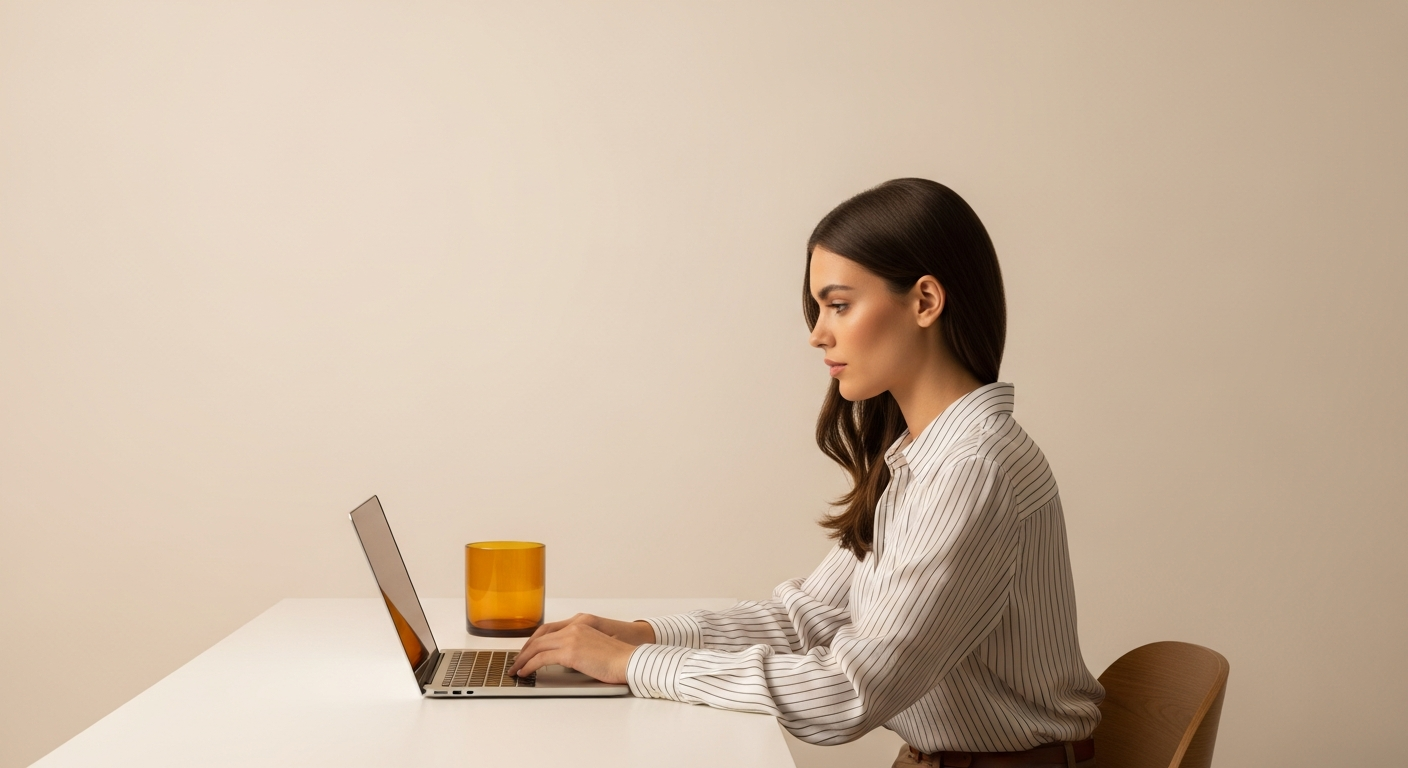 Mujer española en su escritorio, en posición de poder Feng Shui, con la espalda a la pared.