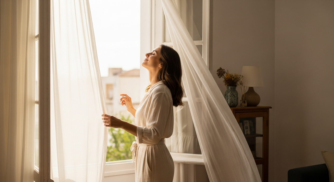 Mujer española disfrutando de la luz natural y el aire fresco en su salón.