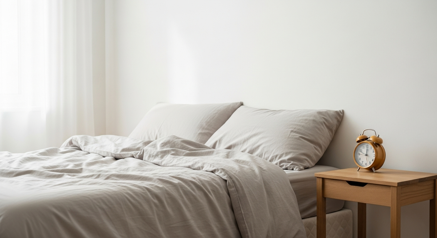 Dormitorio minimalista y ordenado, cama hecha, despertador ámbar en la mesita de noche.