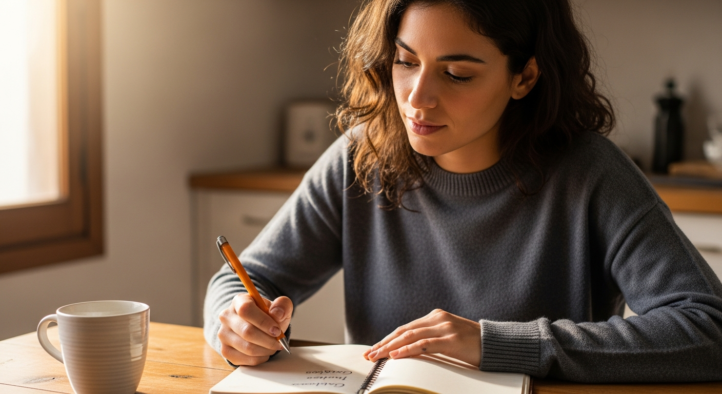 Mujer española escribiendo 'Gastos' e 'Ingresos' en una libreta, enfatizando la simplicidad del presupuesto.