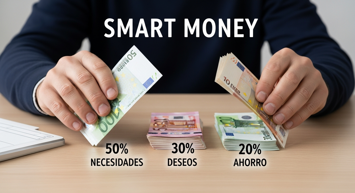 Manos de hombre español clasificando billetes de euro en sobres etiquetados 'Necesidades', 'Deseos', 'Ahorro'.