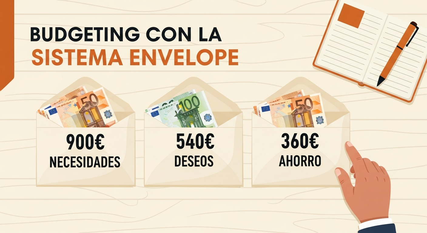 Tres sobres etiquetados '900€ Necesidades', '540€ Deseos', '360€ Ahorro' con billetes de euro, en una mesa.