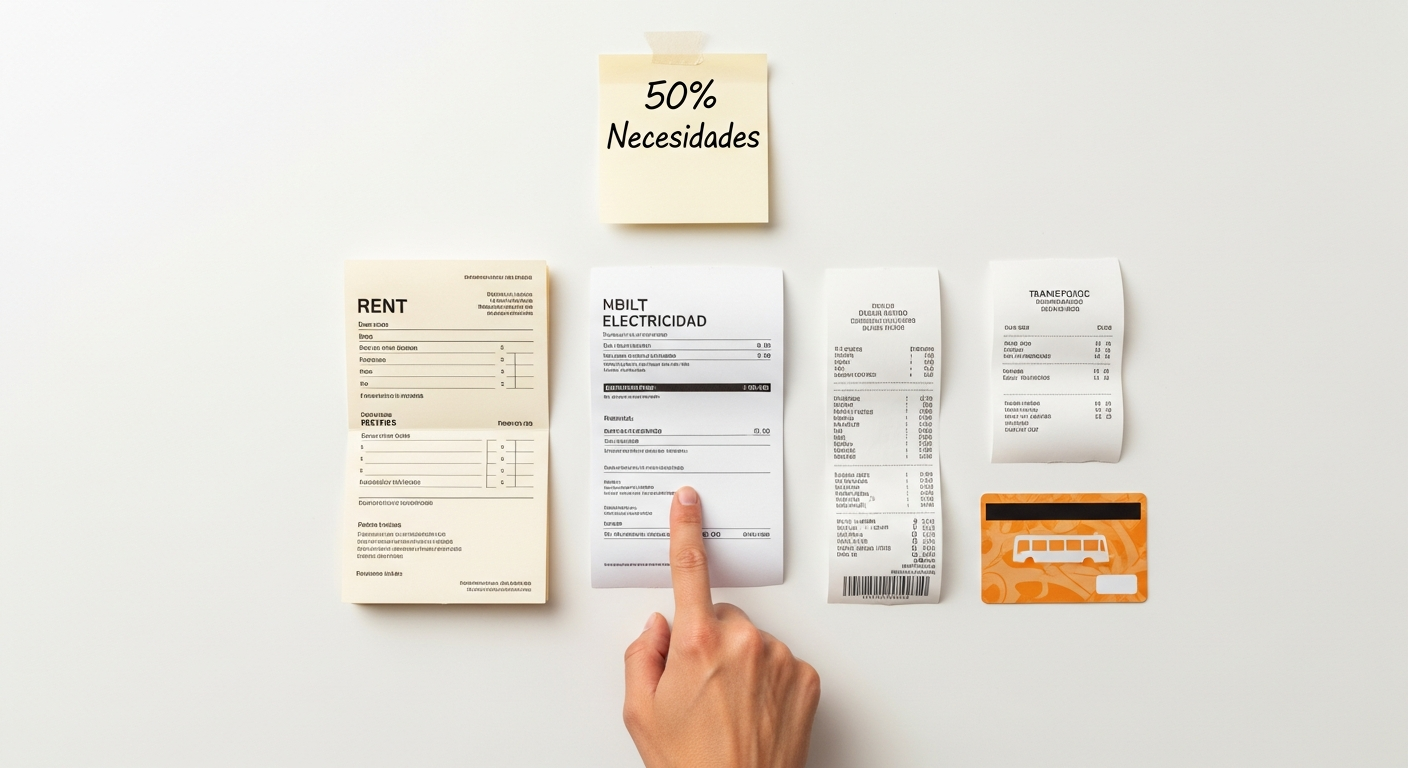 Disposición 'flat-lay' de facturas de alquiler, servicios, supermercado y tarjeta de transporte bajo una nota '50% Necesidades'.
