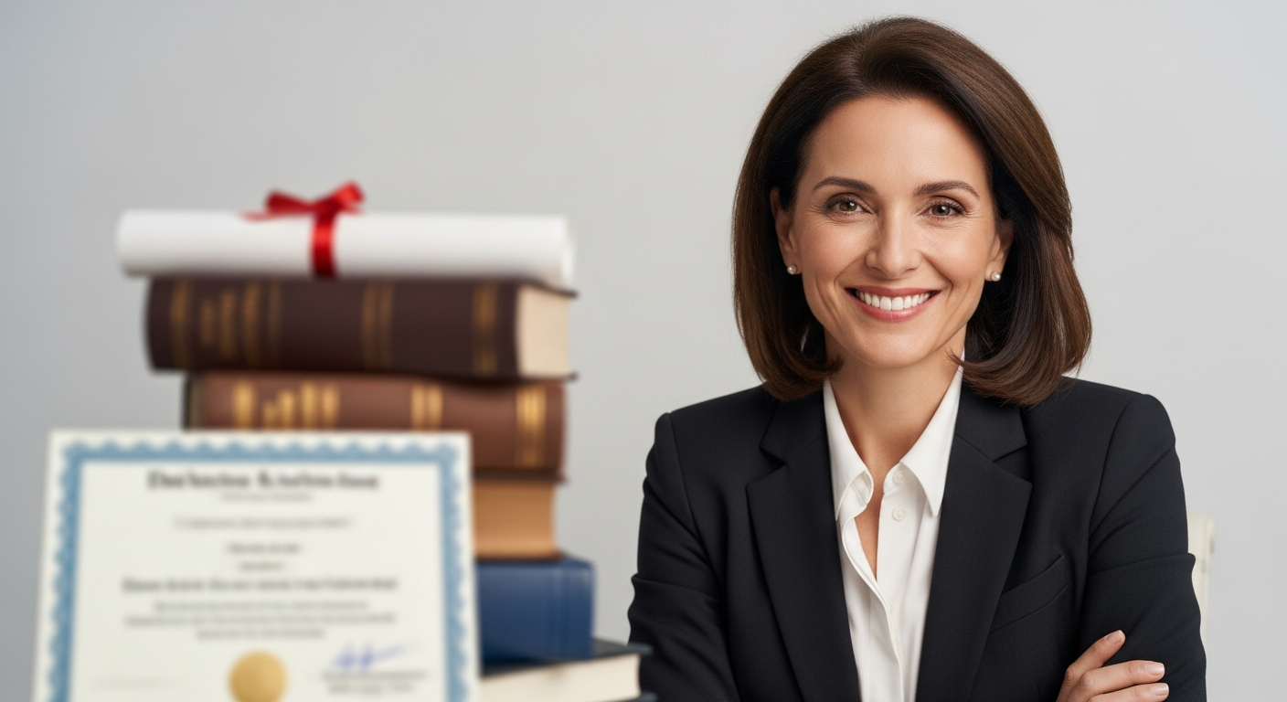 Mujer profesional sonriendo en oficina con libros desenfocados, ilustrando el efecto halo.