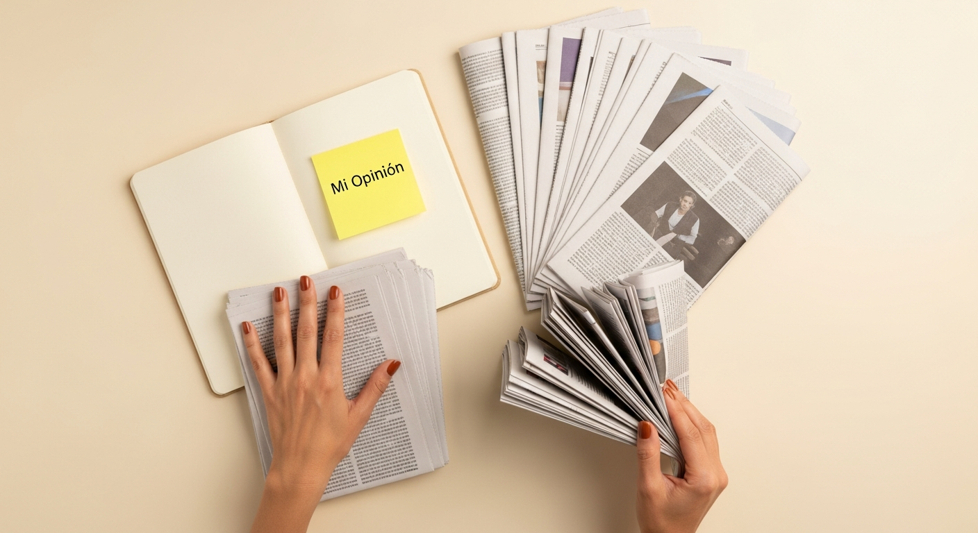 Manos de mujer seleccionando periódicos que confirman 'Mi Opinión', ilustrando sesgo de confirmación.