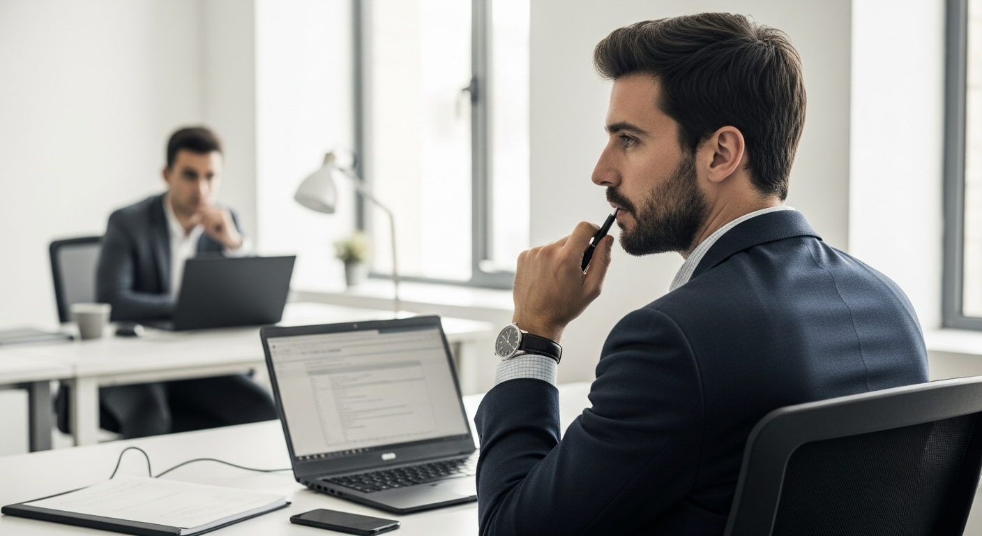 Hombre en oficina observando a colega con expresión de cálculo estratégico, simbolizando el maquiavelismo.
