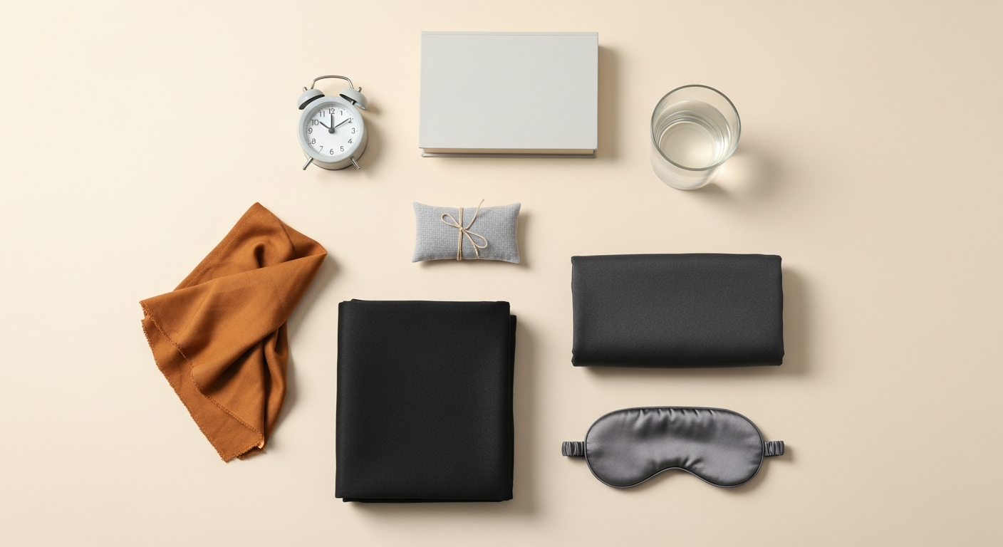 Flat-lay de objetos para dormir mejor: libro, despertador, lavanda, vaso de agua, cortinas y antifaz.