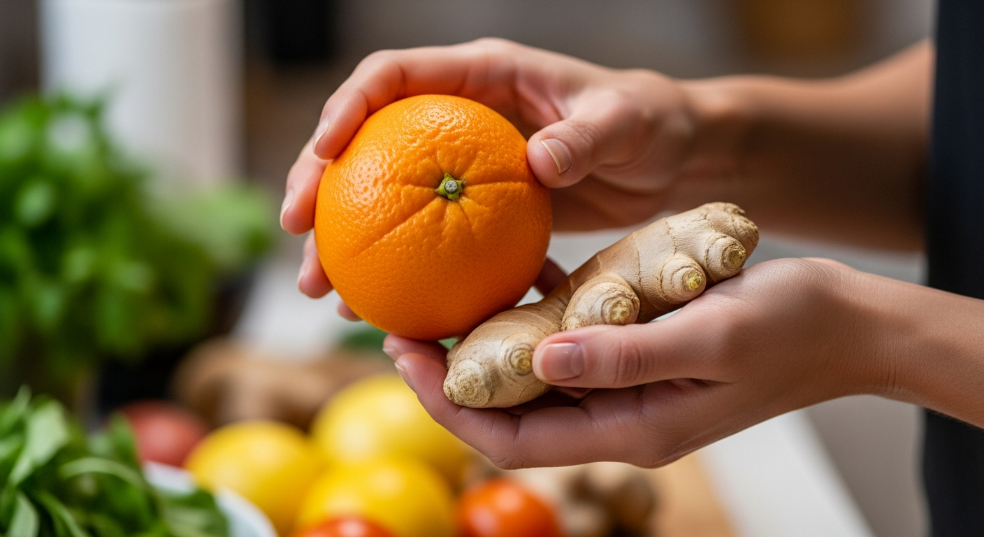 Manos de mujer sosteniendo naranja y jengibre fresco en una cocina iluminada.
