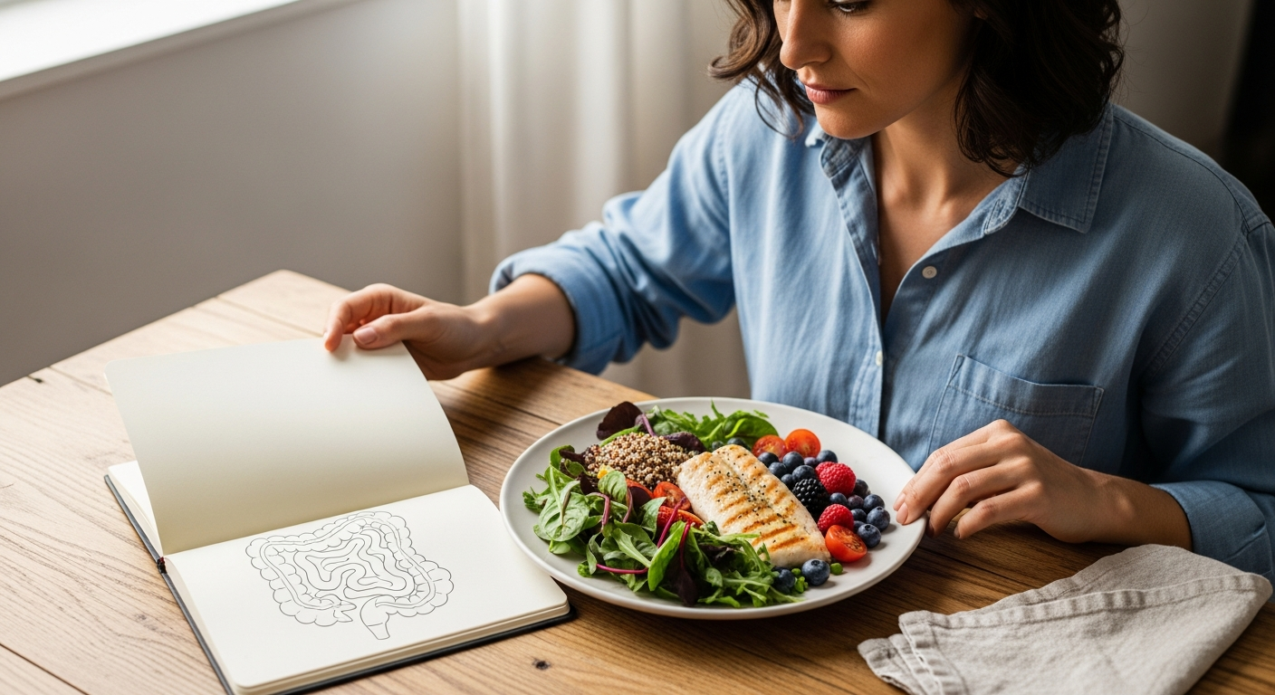 Mujer mirando plato de comida saludable con cuaderno abierto mostrando dibujo de intestino.