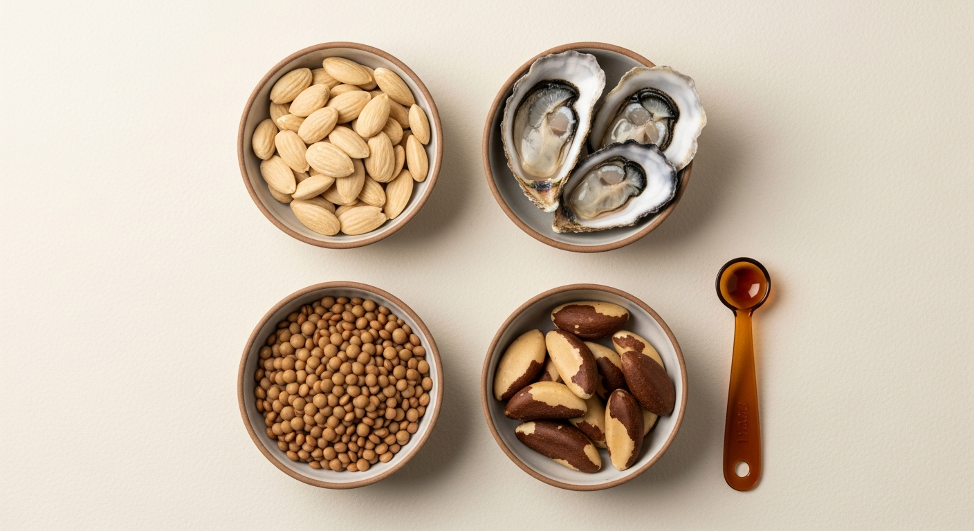 Platillos con alimentos ricos en nutrientes: almendras, ostras, lentejas, nueces de Brasil.