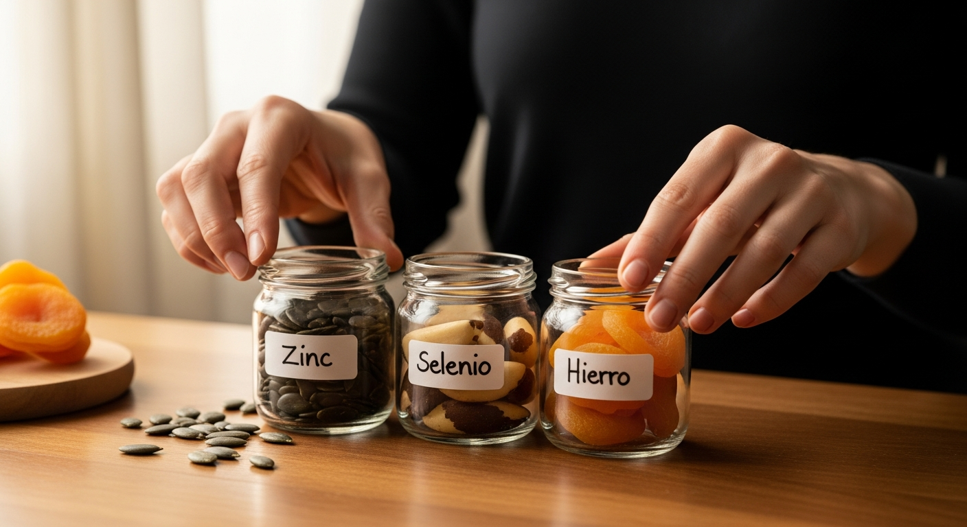 Manos de mujer organizando frascos etiquetados 'Zinc', 'Selenio', 'Hierro' con alimentos.
