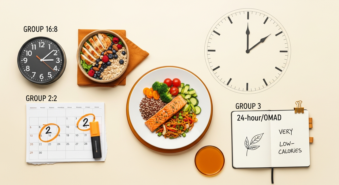 Disposición de objetos que representan protocolos de ayuno intermitente: reloj, calendario, comida saludable.