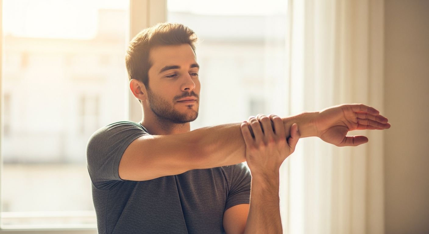 Hombre español en forma estirándose frente a una ventana, sintiéndose energizado.