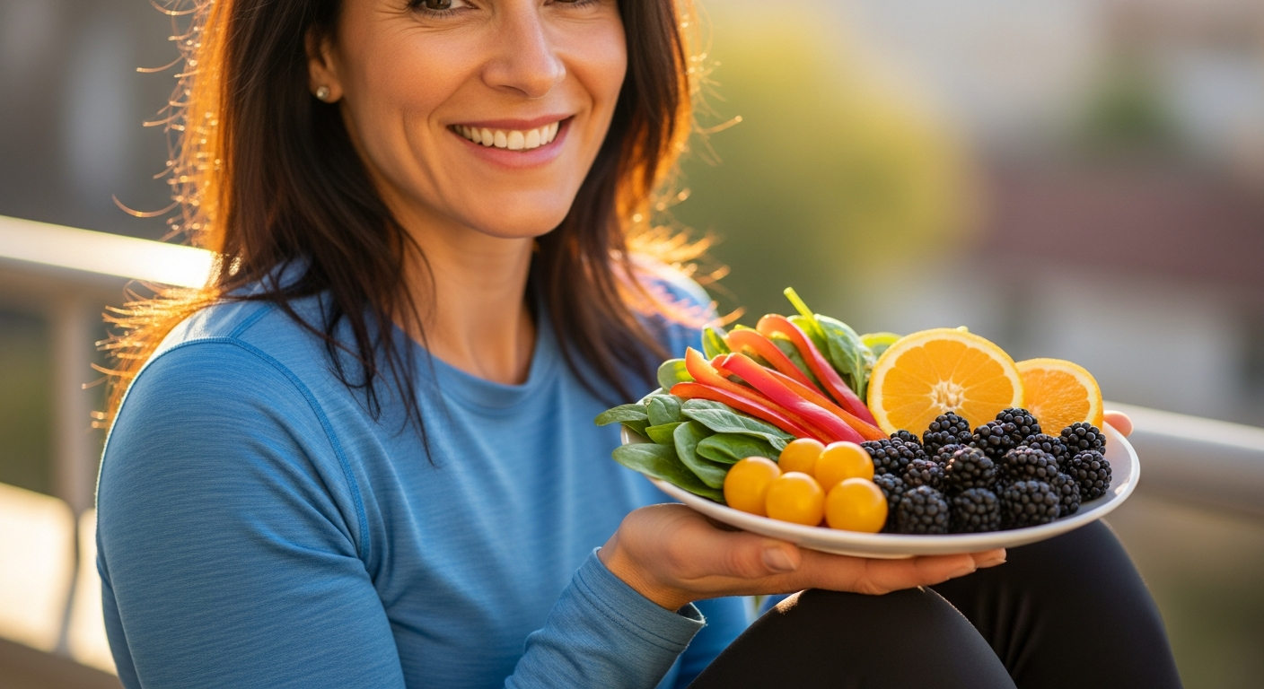 Mujer española sonriendo, sosteniendo un plato de frutas y verduras saludables. Beneficios ayuno.