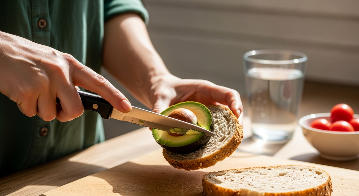 Manos preparando una comida saludable con aguacate y pan integral. Cómo empezar ayuno.