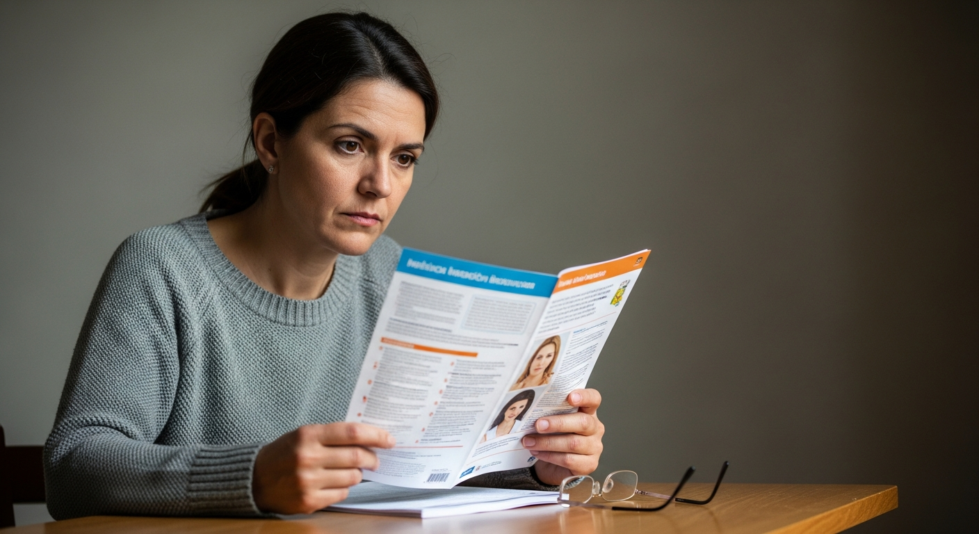 Mujer española pensativa leyendo un folleto de salud. Para quién no es el ayuno.