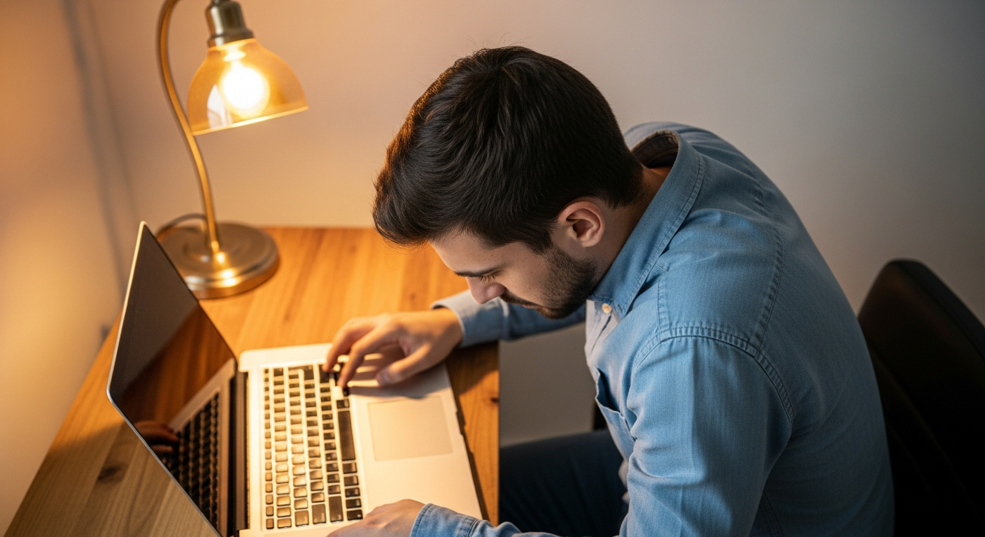 Hombre español con mala postura trabajando en portátil