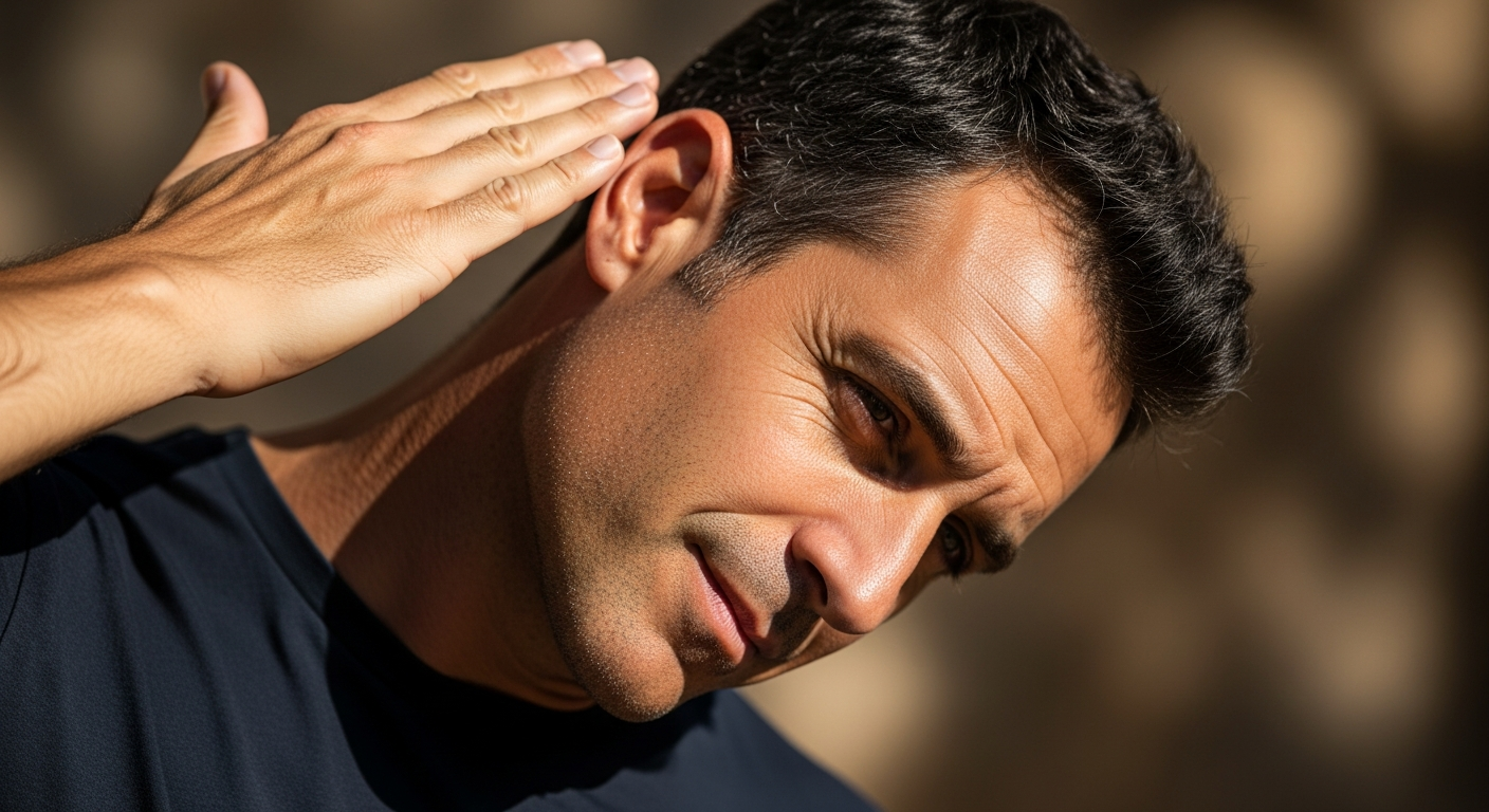 Hombre español estirando el cuello con ayuda de la mano