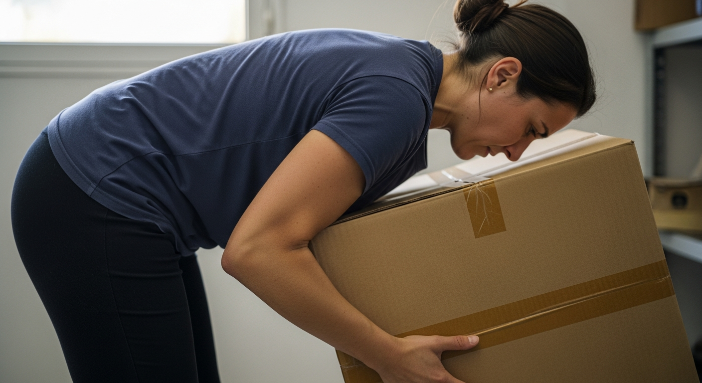 Mujer levantando una caja pesada con mala postura