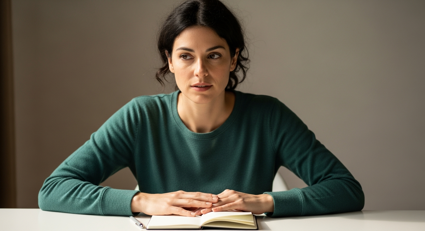 Mujer pensativa en un escritorio con libreta vacía, contemplando el cambio de hábitos.