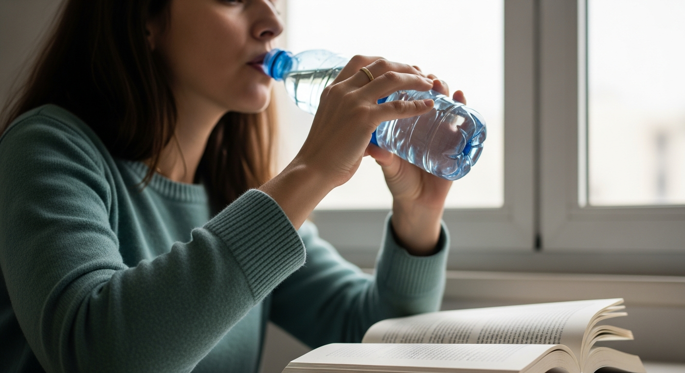 Manos de mujer alcanzando una botella de agua automáticamente mientras lee, mostrando un hábito.