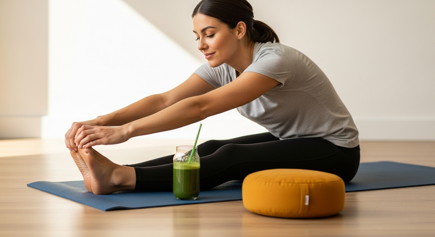 Mujer en calma estirándose con un batido verde y cojín de meditación, disfrutando de hábitos saludables.