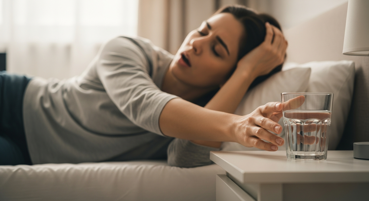Persona bostezando y estirándose en la cama con un vaso de agua al lado, simbolizando el cansancio matutino.