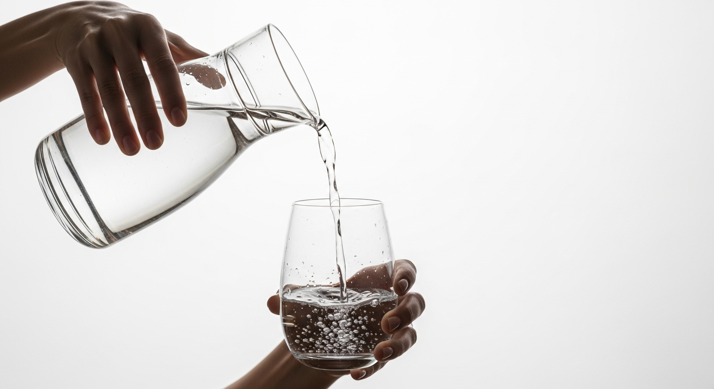 Mano sirviendo agua fresca en un vaso, enfatizando la hidratación matutina.