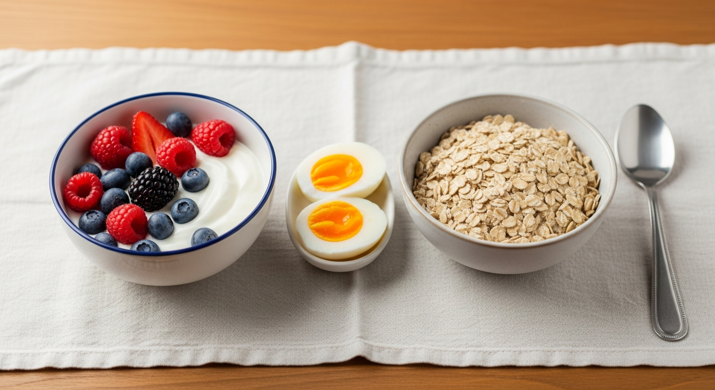 Desayuno saludable con yogur griego, bayas, huevo y avena sobre mantel crema.