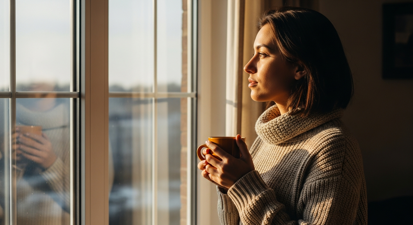 Persona mirando por la ventana con luz natural matutina, sosteniendo una taza.
