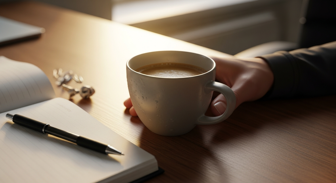 Taza de café medio vacía en un escritorio, con una mano, sugiriendo un momento inoportuno.
