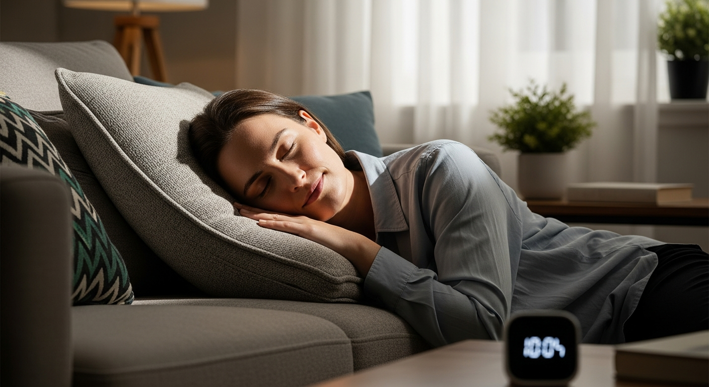 Persona durmiendo una siesta de 20 minutos en un sofá, con temporizador visible.