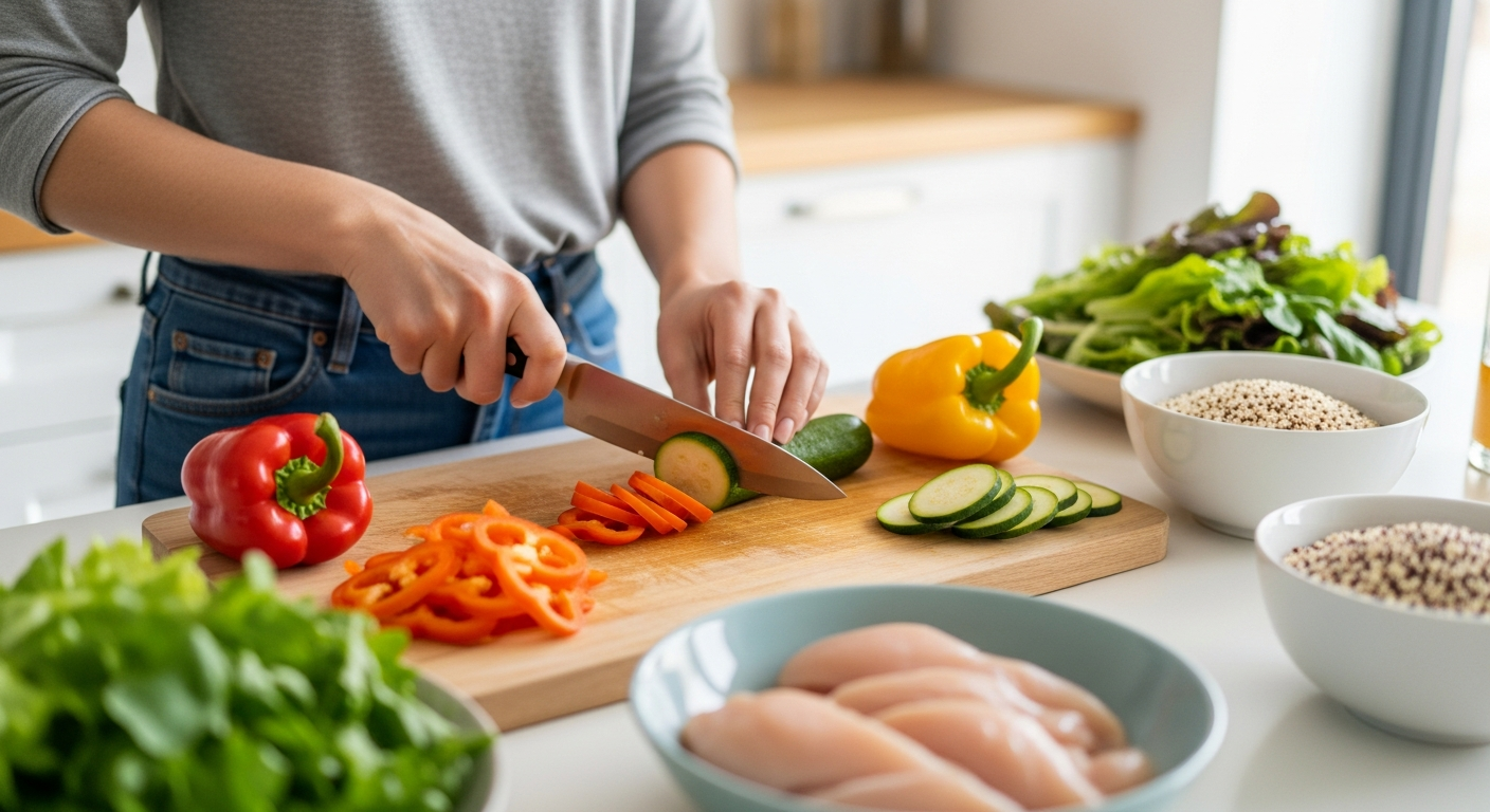 Persona preparando una comida con verduras, proteínas y cereales integrales para estabilizar glucosa.