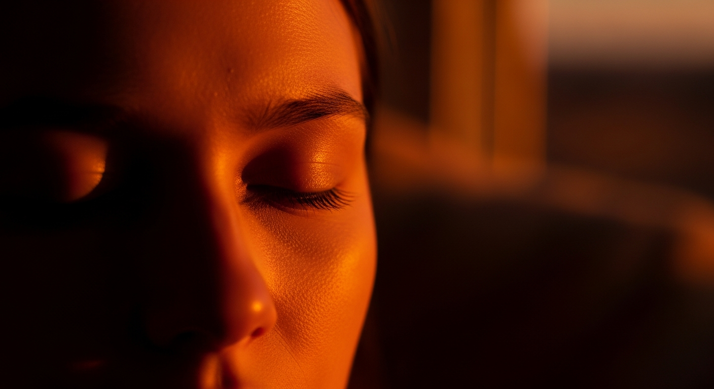 Rostro de persona con ojos cerrados, bañada por luz cálida, simbolizando ritmo circadiano.