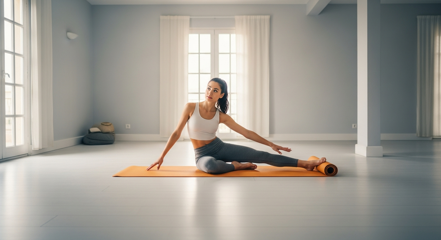 Mujer española estirando en una esterilla de yoga ámbar en un salón luminoso, preparándose para un entrenamiento en casa sin equipo.