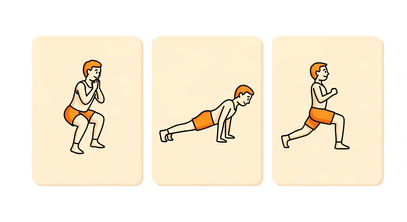 Tres tarjetas con ilustraciones de figuras de palo para sentadilla, flexión y zancada, representando movimientos fundamentales de ejercicio.