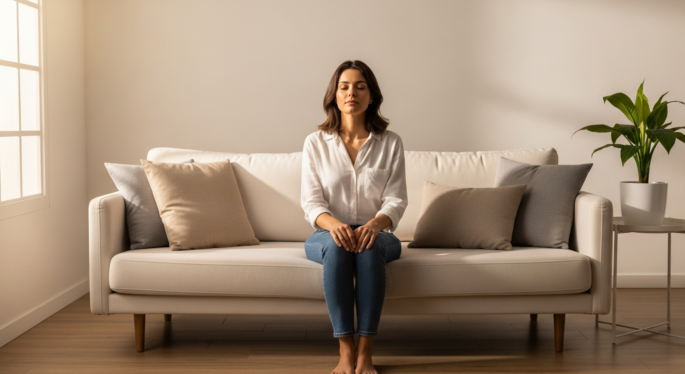 Mujer joven meditando en un sofá cómodo, luz natural, ambiente relajado y sencillo.