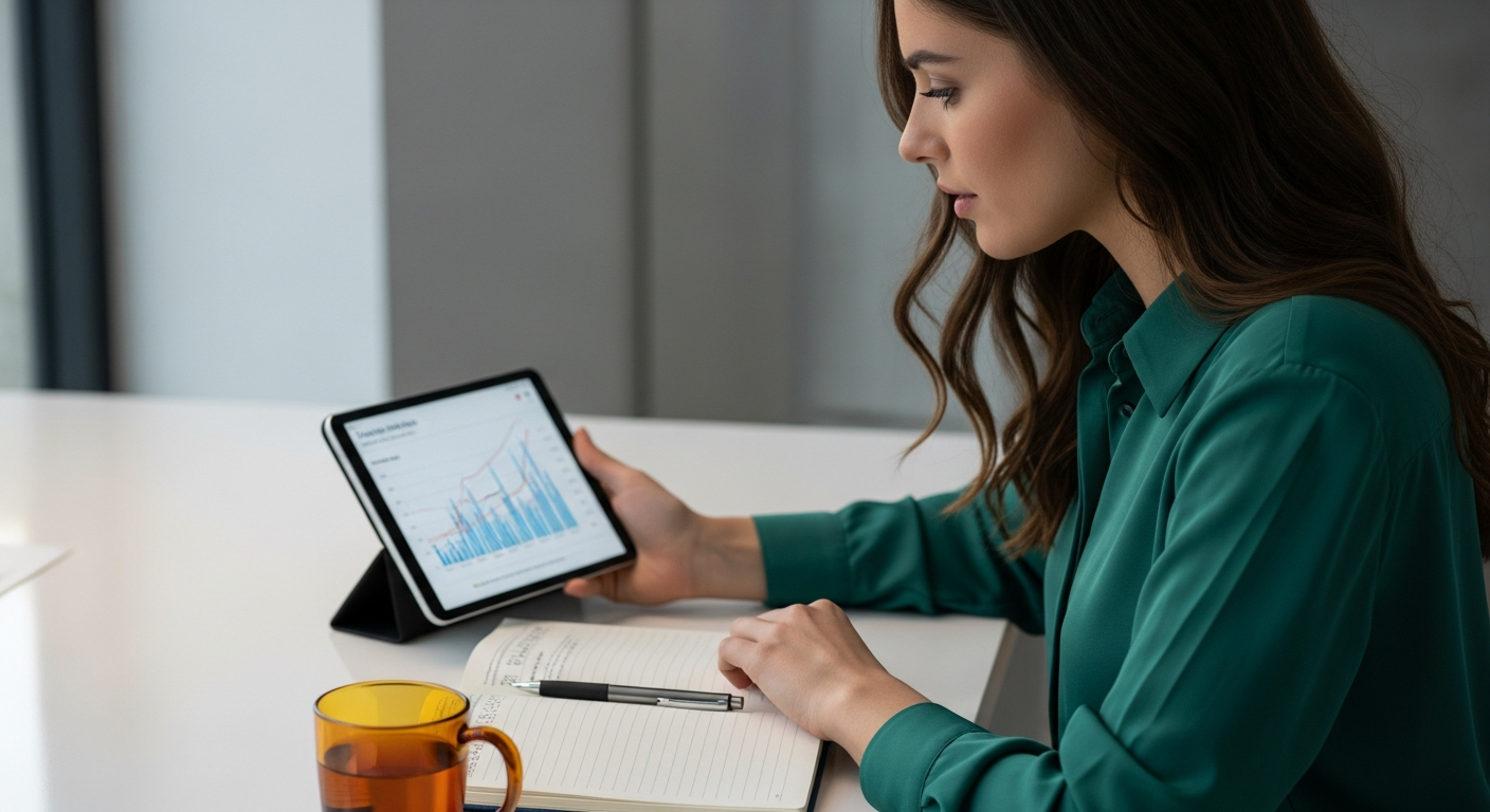 Mujer en un escritorio analizando datos científicos sobre meditación en una tablet, con un cuaderno y bolígrafo.