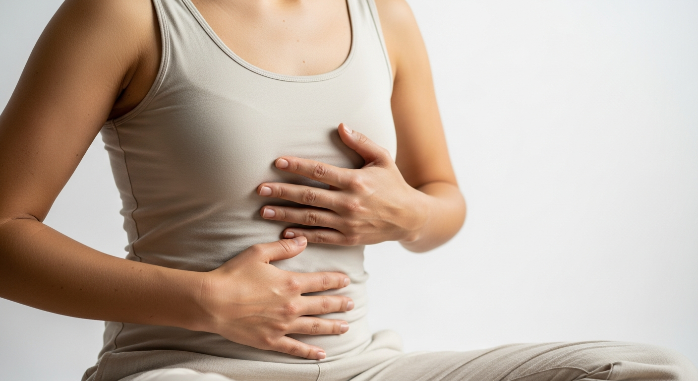 Primer plano de mujer con manos en el abdomen, concentrada en la respiración consciente.