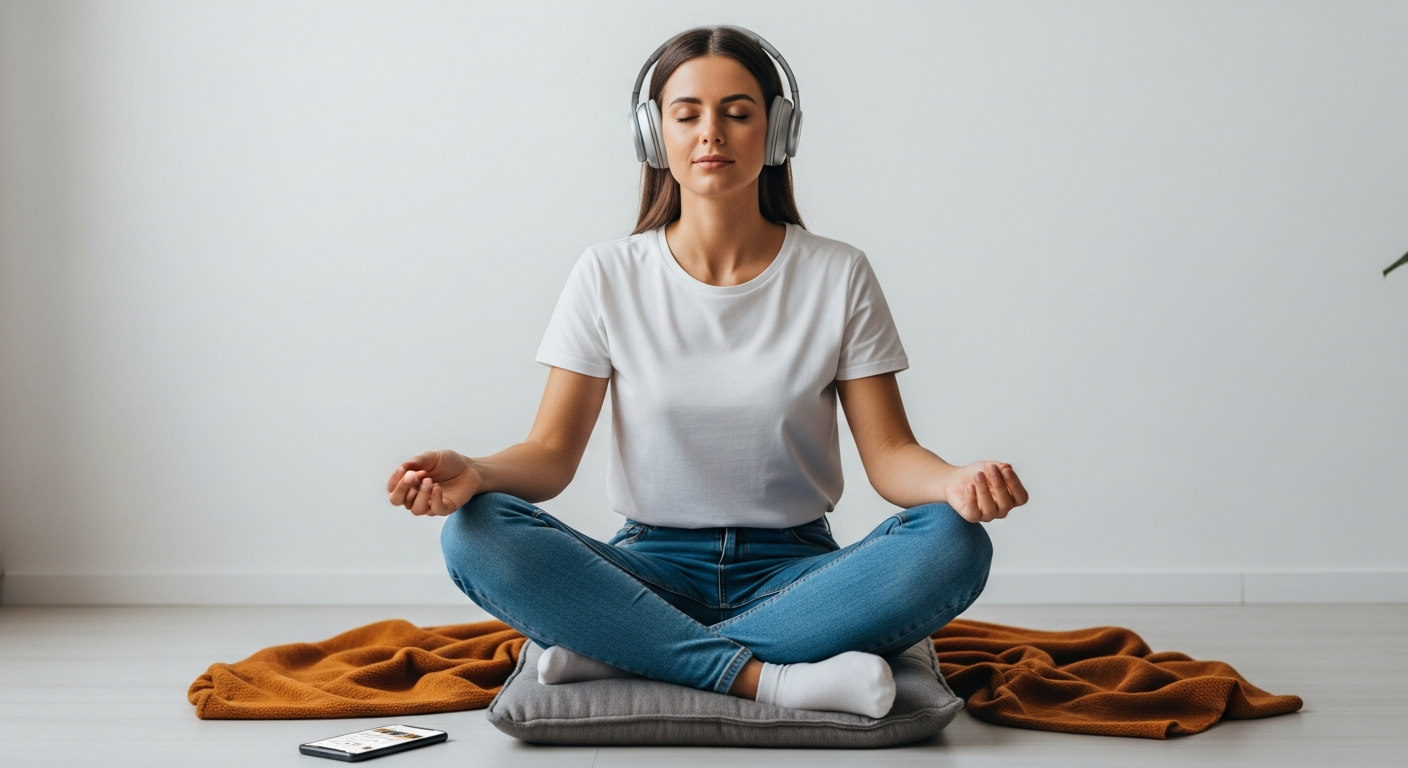 Mujer meditando con auriculares y smartphone con app de meditación, en un espacio tranquilo.