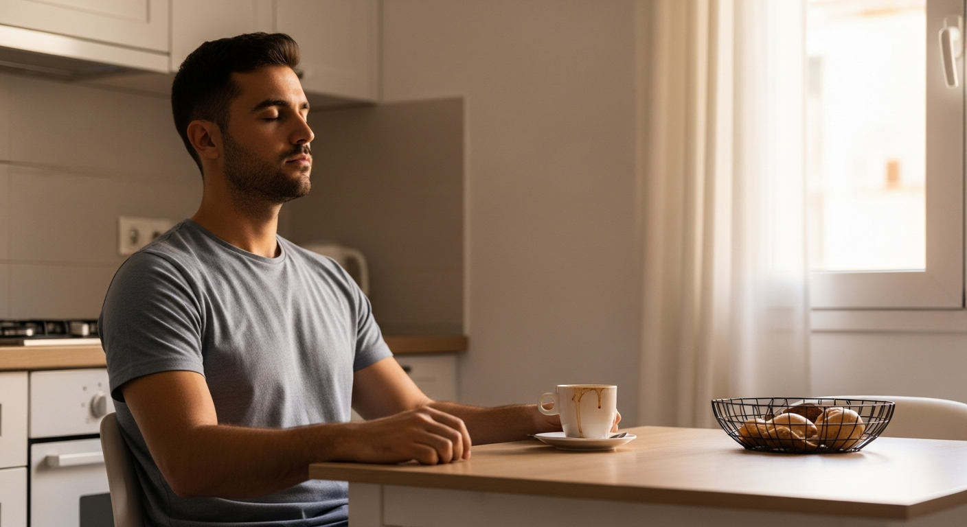 Hombre meditando en la mesa de la cocina por la mañana, con una taza de café, integrando el hábito.