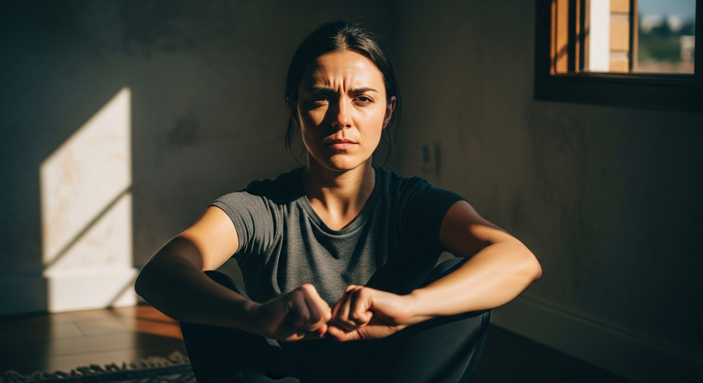 Mujer meditando con expresión concentrada, superando obstáculos mentales en un rincón soleado.