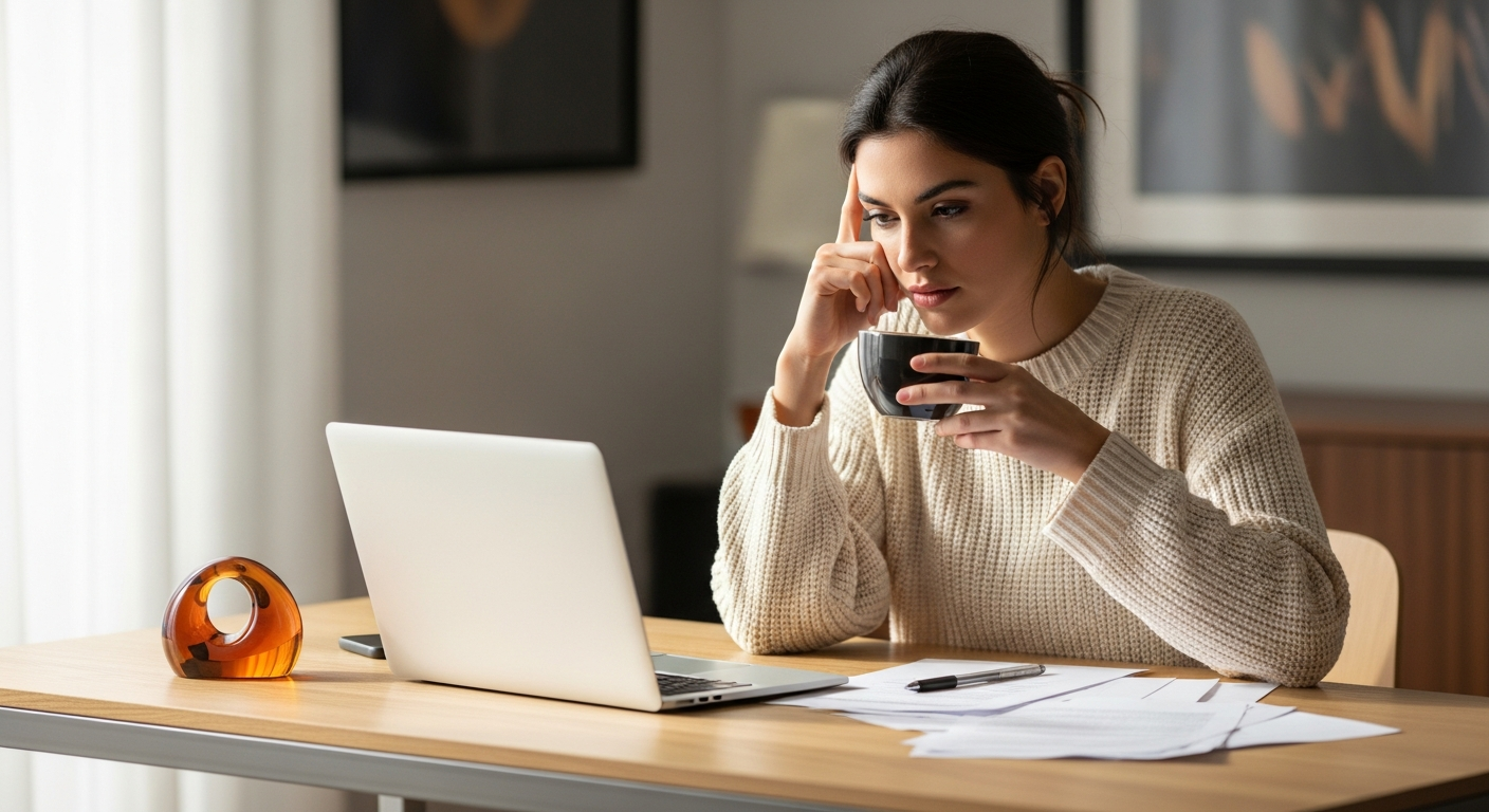 Mujer joven abrumada en el escritorio con laptop y café, luz de la mañana, objeto decorativo ámbar