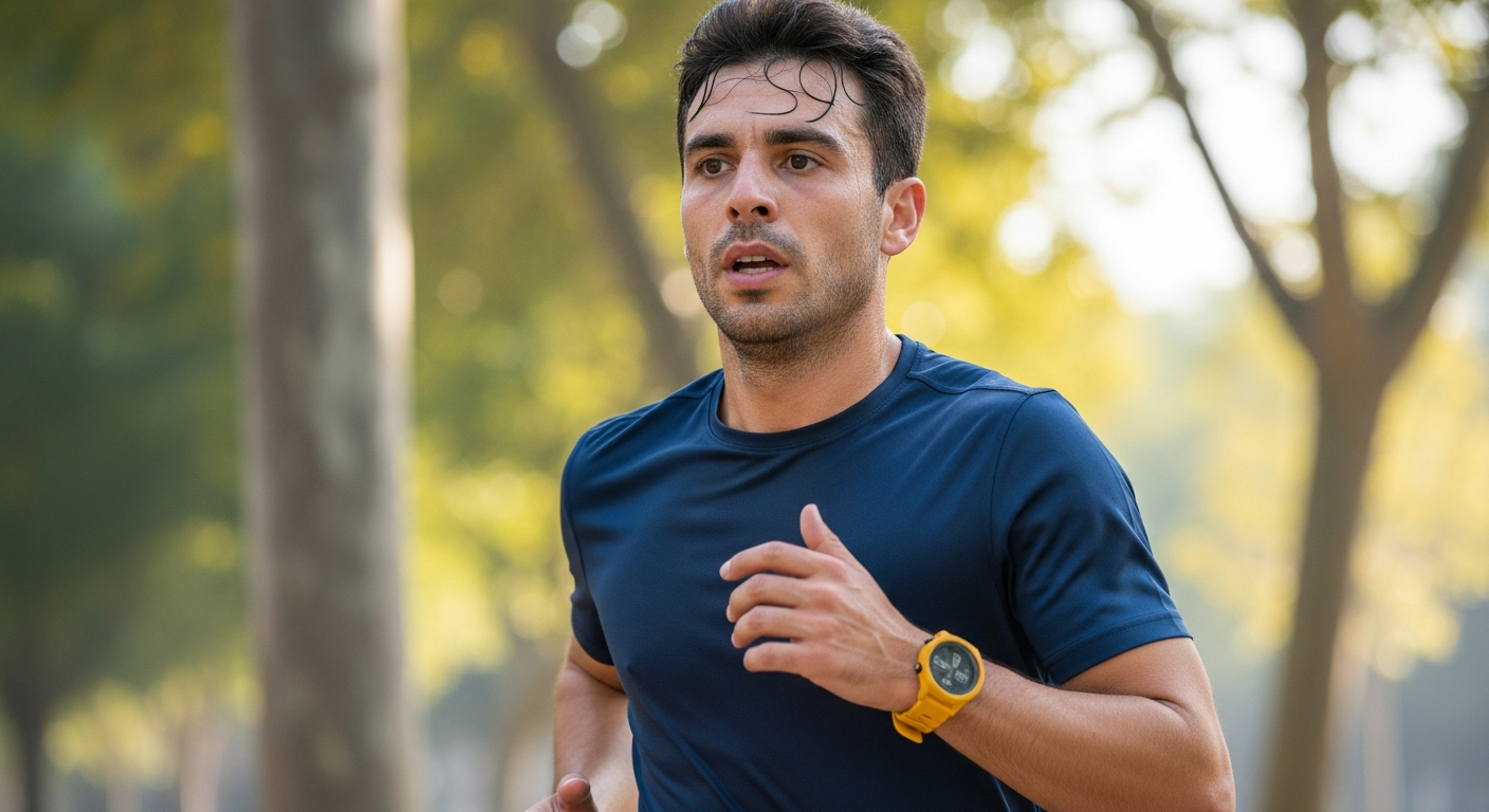 Hombre español corriendo en un parque, concentrado, sudando, con reloj deportivo ámbar, luz de la mañana