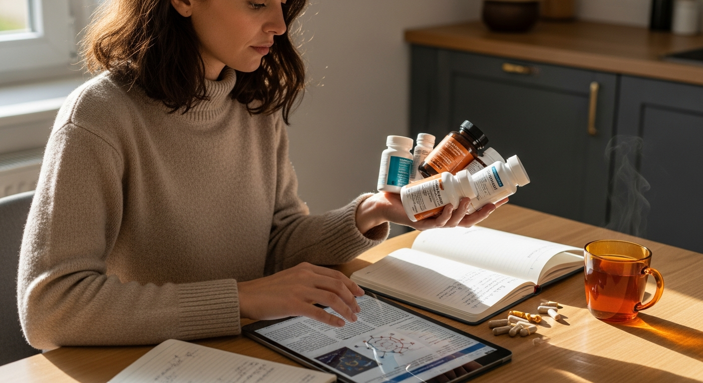 Mujer española examinando suplementos y leyendo un artículo científico en una tableta en la cocina.