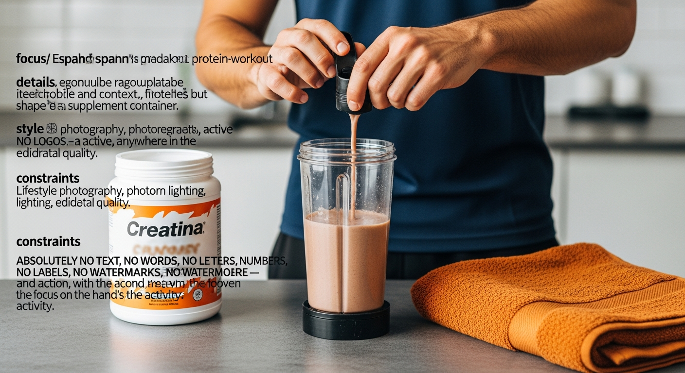 Hombre preparando batido de proteínas con 'Creatina' en la encimera, toalla de gimnasio ámbar.