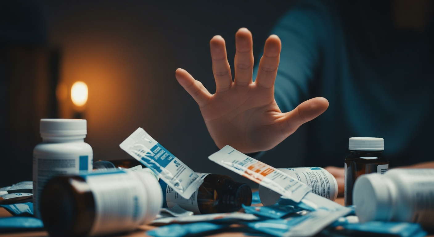 Mano de mujer apartando suplementos genéricos y sin marca sobre una superficie desordenada.