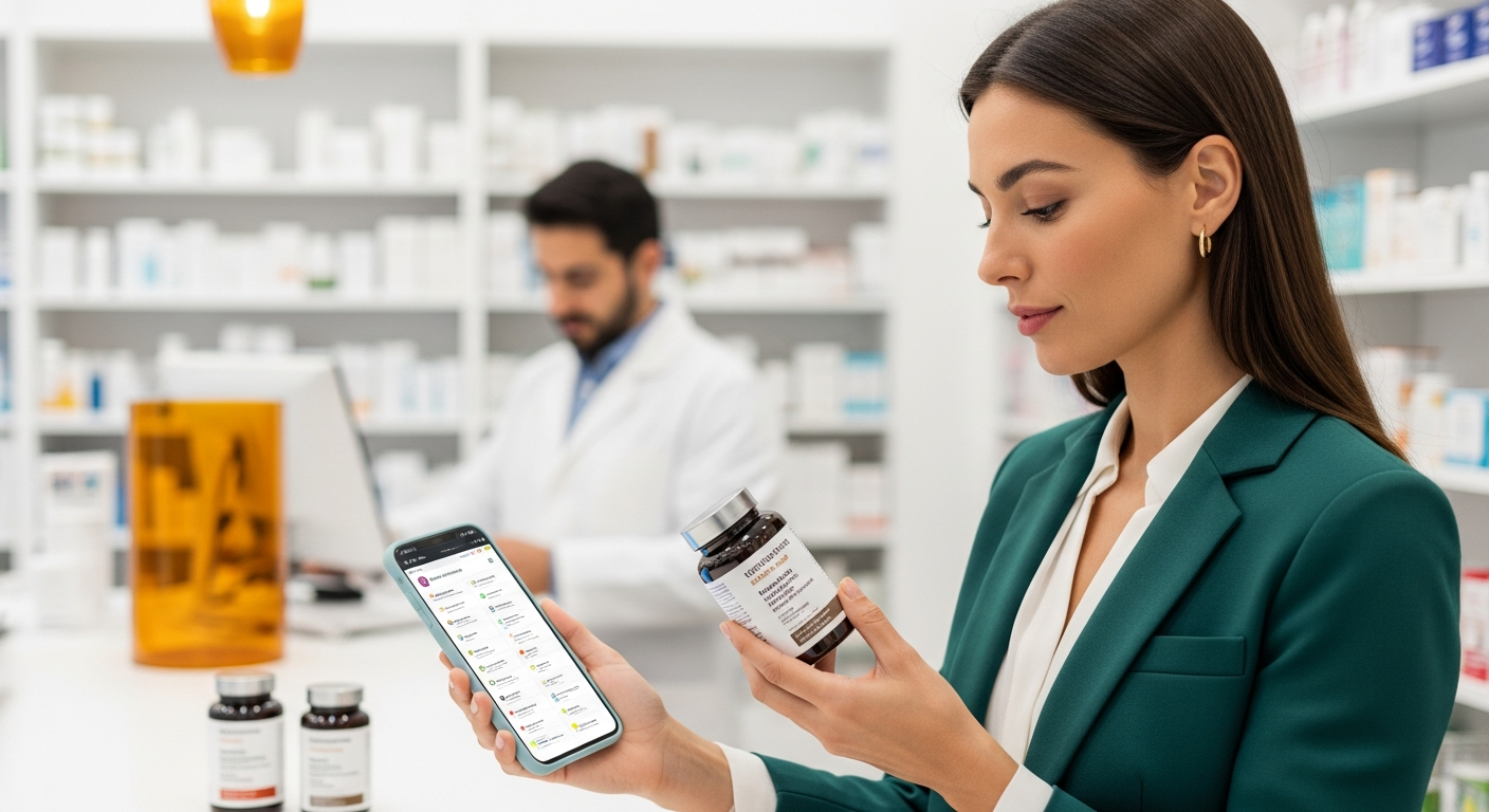Mujer leyendo etiquetas de suplementos en una farmacia moderna, con el móvil abierto mostrando certificaciones.