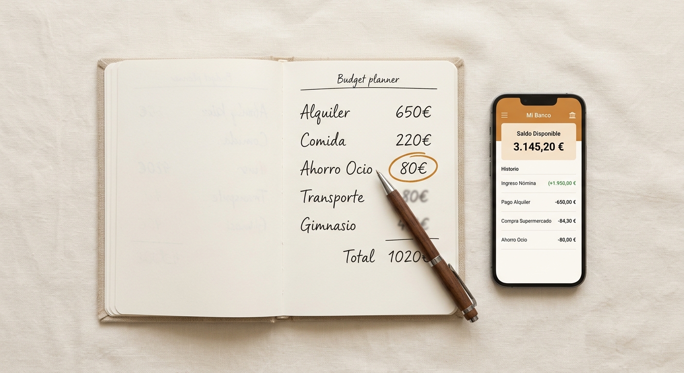 Plano cenital de un cuaderno de presupuesto con la categoría de ahorro de ocio y un móvil al lado